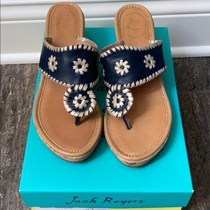 Jack Rogers heeled navy leather sandal. Size 8.